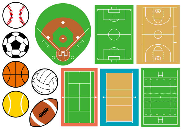 sportplatz und ball - rugby field stock-grafiken, -clipart, -cartoons und -symbole