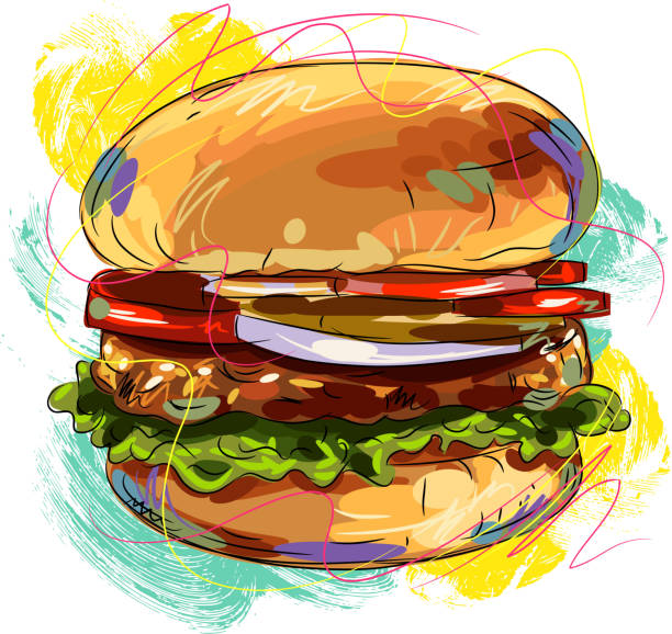 illustrations, cliparts, dessins animés et icônes de savoureux burger dessin - painterly effect illustrations