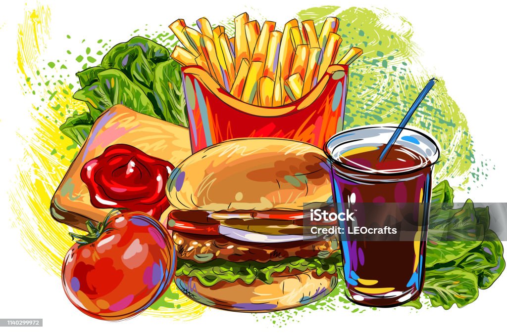 Tasty Fast food Drawing Drawing of Tasty Fast food. Elements are grouped.contains eps10 and high resolution jpeg. Fast Food stock vector