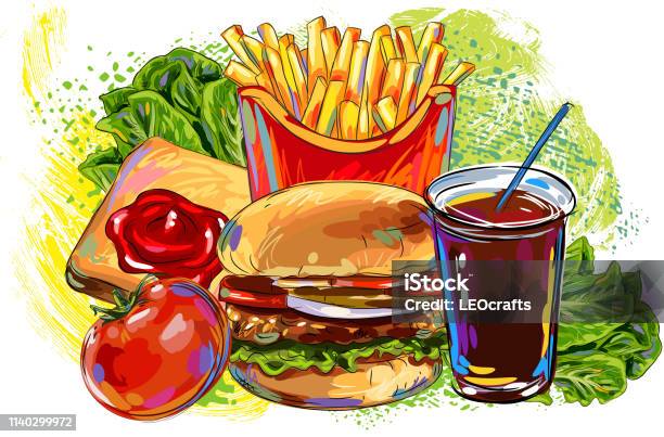 Tasty Fast Food Drawing Stock Illustration - Download Image Now - Fast Food, Doodle, Multi Colored
