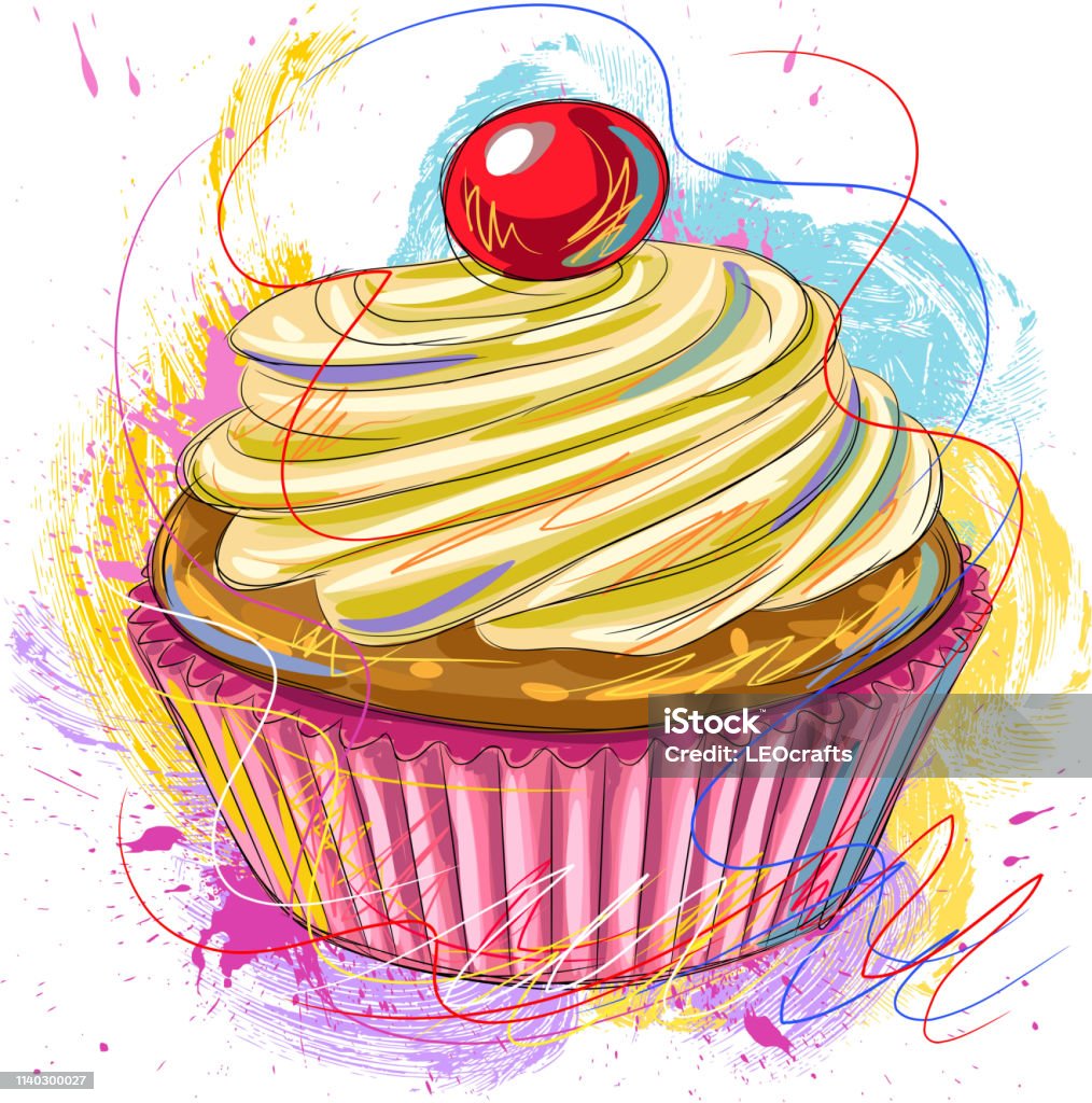 Tasty Cup cake Drawing Drawing of Tasty Cup cake. Elements are grouped.contains eps10 and high resolution jpeg. Cupcake stock vector