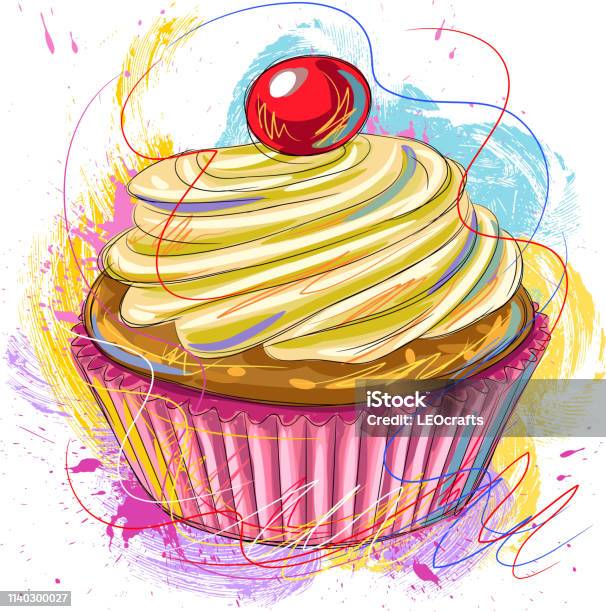 Tasty Cup Cake Drawing Stock Illustration - Download Image Now - Cupcake, Retro Style, Sketch