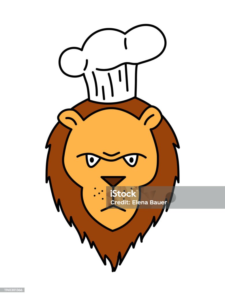 Cute vector illustration of a chef cook lion in cartoon style Lion color logo template vector icon - Vektorgrafik. Chef cook lion illustration with evil face expression Animal stock vector