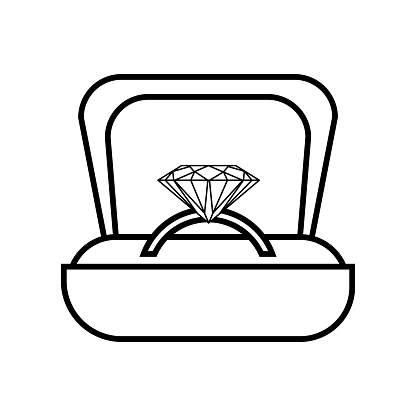 diamond ring in the box icon. Vector black and white contour illustration.