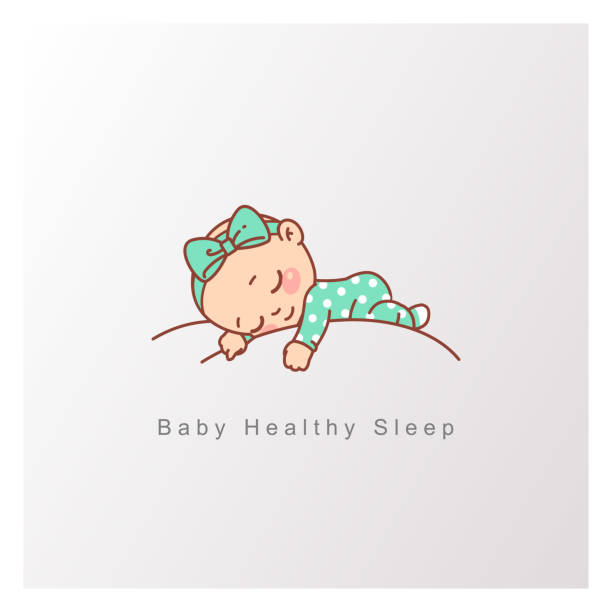 Little baby boy, girl sleep peacefully on soft white cloud. Pillow and blanket for child. Template for logotype for healthy sleep, baby bed clothes, linen. Color vector illustration. piccolo stock illustrations