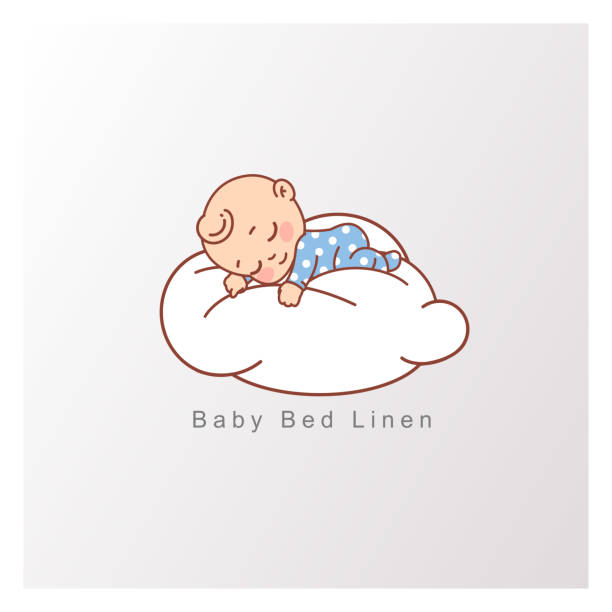 파란 잠 옷에 작은 아기 소년 부드러운 흰색 구름에 평화롭게 잠을. - new born baby stock illustrations