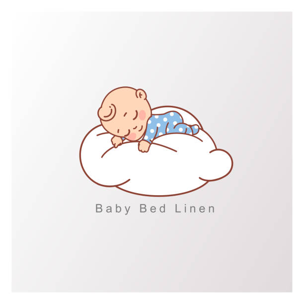 Little baby boy in blue pajamas  sleep peacefully on soft white cloud. Pillow and blanket for child. Template for logotype for healthy sleep, baby bed clothes, linen. Color vector illustration. piccolo stock illustrations