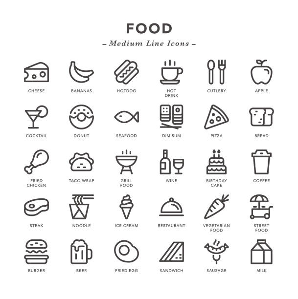 Food - Medium Line Icons Food - Medium Line Icons - Vector EPS 10 File, Pixel Perfect 30 Icons. steak and eggs breakfast stock illustrations
