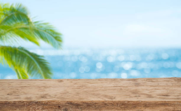 istock Defocused sea background with wooden table foreground for product display 1140302910
