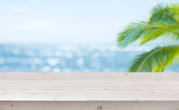istock Blurred ocean background with wooden table foreground for product display 1140303024