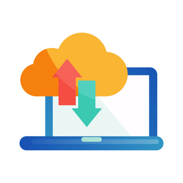 плоская иконка облачного хранилища. синхронизация данных между ноутбуком и облаком. процесс загрузки файлов. облачные технологии. - data mobility downloading digital tablet stock illustrations