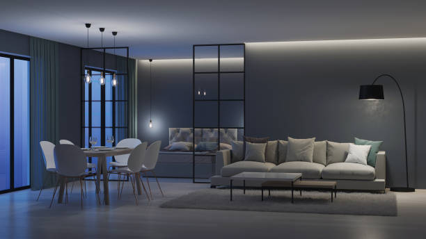 istock Modern house interior. Bedroom behind glass partitions. Night. Evening lighting. 3D rendering. 1140304254