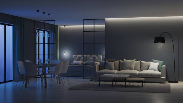 istock Modern house interior. Bedroom behind glass partitions. Night. Evening lighting. 3D rendering. 1140304286