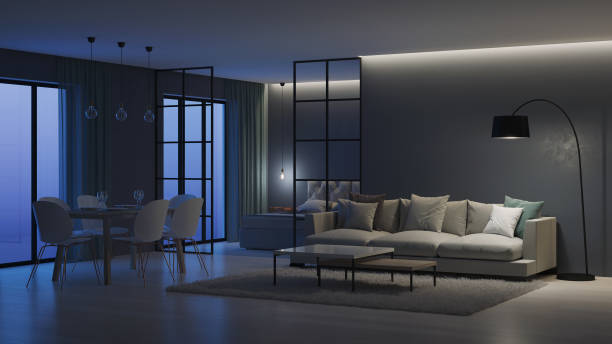istock Modern house interior. Bedroom behind glass partitions. Night. Evening lighting. 3D rendering. 1140304291