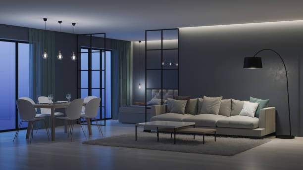 istock Modern house interior. Bedroom behind glass partitions. Night. Evening lighting. 3D rendering. 1140304292