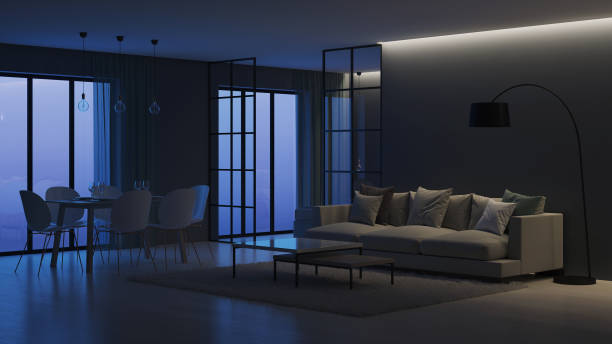 istock Modern house interior. Bedroom behind glass partitions. Night. Evening lighting. 3D rendering. 1140304302