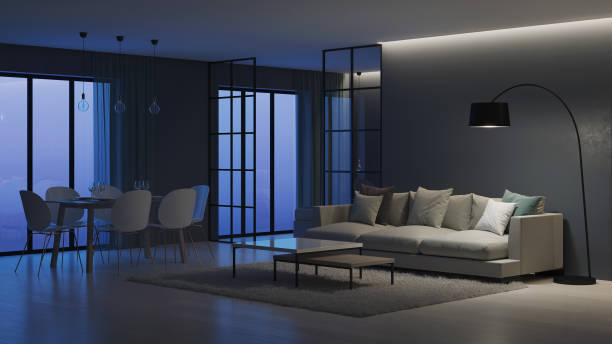 istock Modern house interior. Bedroom behind glass partitions. Night. Evening lighting. 3D rendering. 1140304303