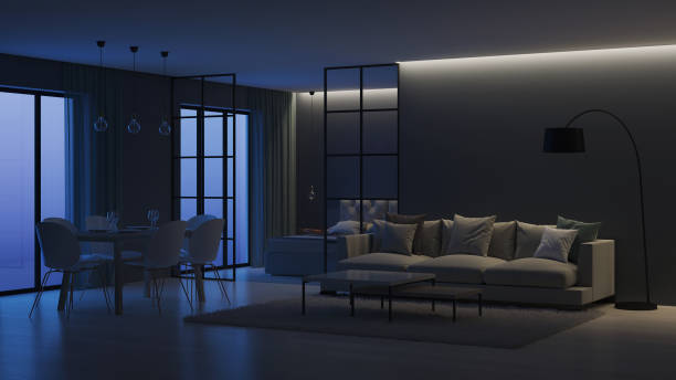 istock Modern house interior. Bedroom behind glass partitions. Night. Evening lighting. 3D rendering. 1140304304