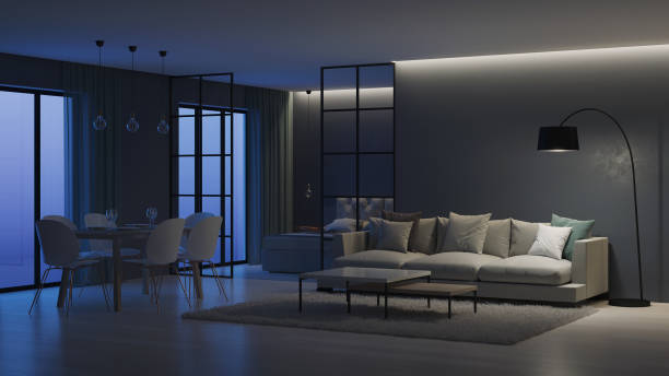 istock Modern house interior. Bedroom behind glass partitions. Night. Evening lighting. 3D rendering. 1140304306