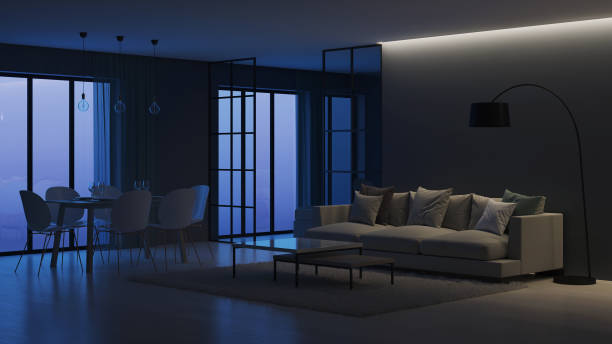 istock Modern house interior. Bedroom behind glass partitions. Night. Evening lighting. 3D rendering. 1140304311
