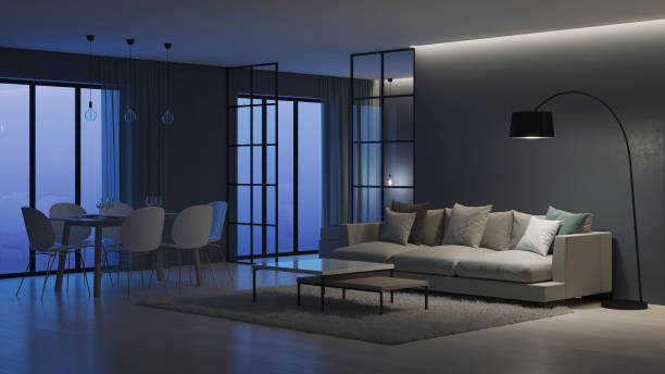 istock Modern house interior. Bedroom behind glass partitions. Night. Evening lighting. 3D rendering. 1140304312