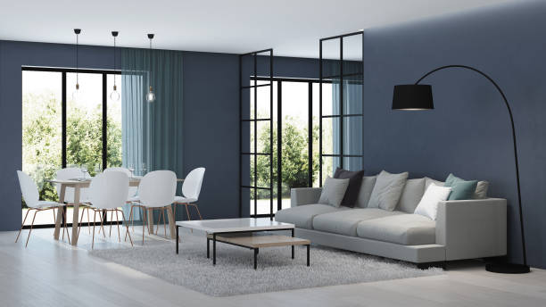 istock Modern house interior. Bedroom behind glass partitions. 3D rendering. 1140304690