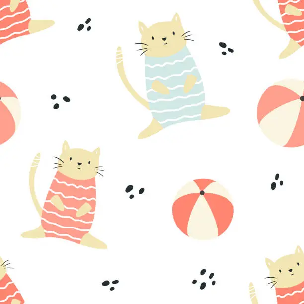 Vector illustration of Bright seamless pattern with funny summer cats. Web, wrapping paper, textile, gift box, background