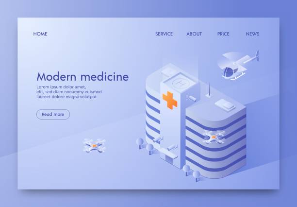 Written Modern Medicine Illustration Isometric. Written Modern Medicine Illustration Isometric. Modern High-rise Hospital Building Withlanding Pad for Landing an Ambulance Helicopter. Model City with Public Medical Facility, Drones Fly. helicopter on pad stock illustrations