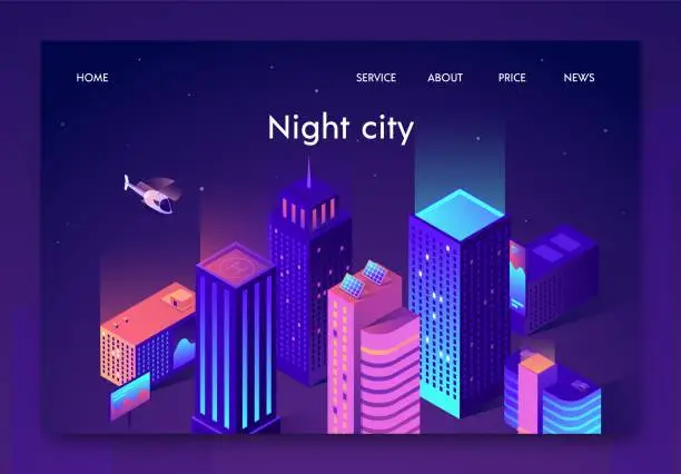 Vector illustration of Isometric is Written Night City Landing Page.