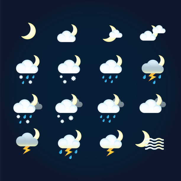 天気アイコン太陽と雲の夜空、雪、雷と雷と雨。フラットイラストレーションモバイルとウェブアプリケーションの天気と気象 - spring clear sky night summer点のイラスト素材／クリップアート素材／マンガ素材／アイコン素材