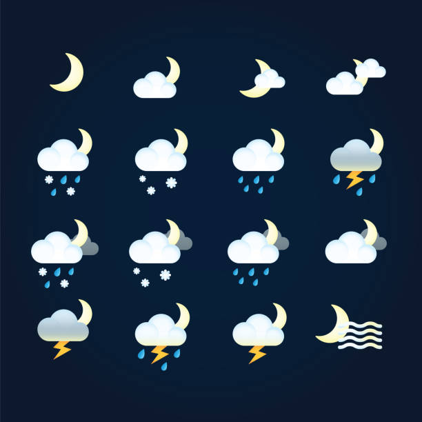 ilustrações, clipart, desenhos animados e ícones de sol dos ícones do tempo e nuvens no céu nocturno, chuva com neve, trovão e relâmpago. tempo e meteorologia lisos da ilustração para a aplicação móvel e da correia fotorreceptora - spring clear sky night summer