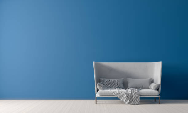 istock Empty wall mock up in Scandinavian style interior with sofa. Minimalist interior design. 3D illustration. 1140313088