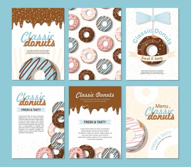 Set posters vector template with donuts. Sweet background. For bakery shop or cafe. Set posters vector template with donuts. Sweet background. Advertising for bakery shop or cafe. donuts stock illustrations