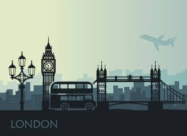 Vector illustration of Abstract cityscape of London with the sights at sunset