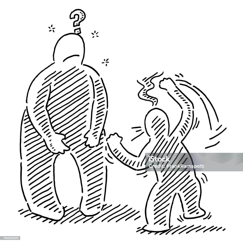 Small Human Figure Mad At Big Man Drawing Hand-drawn vector drawing of a Small Human Figure Mad At Big Man. Black-and-White sketch on a transparent background (.eps-file). Included files are EPS (v10) and Hi-Res JPG. Anger stock vector