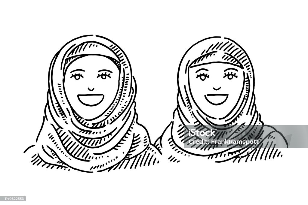 Portrait Of Two Muslim Young Women With Headscarf Drawing Hand-drawn vector drawing of a Portrait Of Two Muslim Young Women With Headscarf. Black-and-White sketch on a transparent background (.eps-file). Included files are EPS (v10) and Hi-Res JPG. Headscarf stock vector