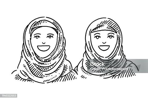 Portrait Of Two Muslim Young Women With Headscarf Drawing Stock Illustration - Download Image Now