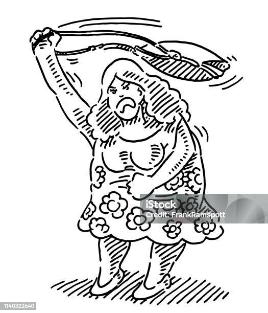 Angry Woman Swinging Her Handbag Drawing Stock Illustration - Download Image Now - Adult, Adults Only, Anger