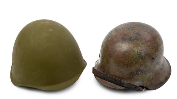 German and Soviet helmets isolated on the white background