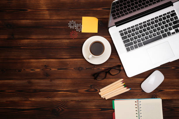 istock Office desk table with supplies. Flat lay Business workplace and objects. Top view. Copy space for text - Image 1140324687