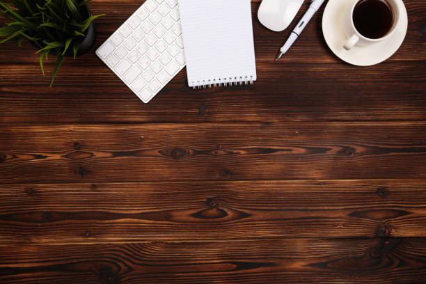 istock Office desk table with supplies. Flat lay Business workplace and objects. Top view. Copy space for text - Image 1140325474