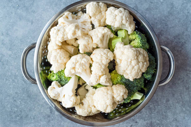 istock Organic Raw Cauliflower and Broccoli in Metal Colander. 1140325861