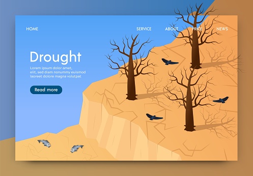 Isometric is Written Drought Landing Page 3d. Climate Catastrophe Region. Earth is Dried Up by Heat Sun. Trees and Grass Died, Soil Cracked. Environmental Disaster. Vector Illustration.