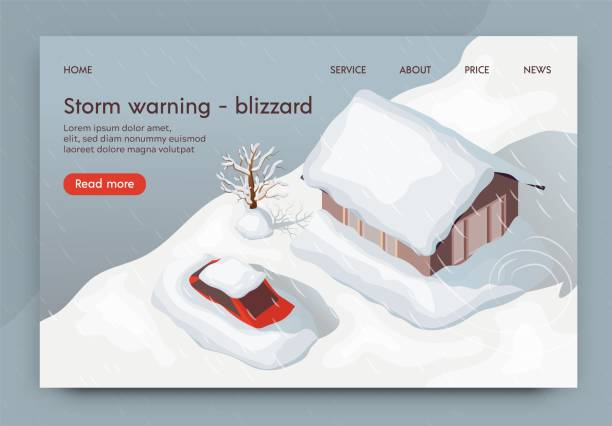 Vector Illustration Storm Warning Blizzard 3d. Vector Illustration Storm Warning Blizzard 3d. Natural Disaster in Winter Strong Snow Blizzard. City is Covered with High Layer Snow. Climate Problem on Planet. House and Car Covered in Snow. snow storm city stock illustrations