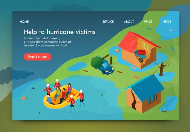 изометрический написана помощь жертвам урагана. - victim stock illustrations