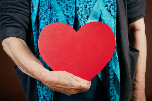 Senior woman's hands hold symbolic red heart shape.