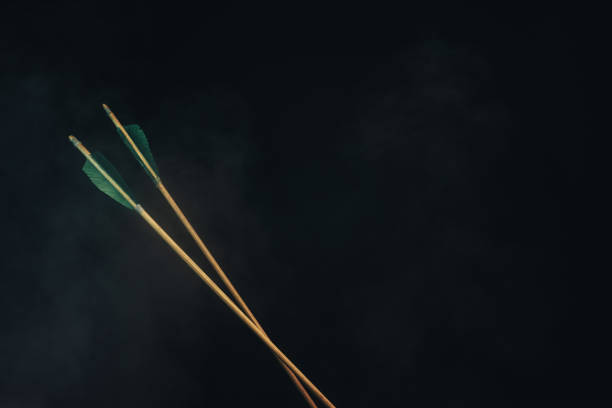 istock Two wood arrow. Beautiful smog background. Medieval weapons are handmade. 1140331700
