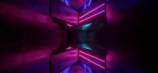 istock Sci Fi Neon Fluorescent Retro Glowing Purple Blue Alien Spaceship Base Underground Tunnel Corridor Refelctive Grunge Concrete Dance Club Stage Showroom Vibrant Virtual Reality 3D Rendering 1140332719