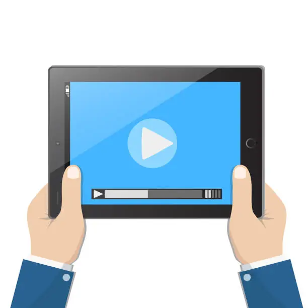 Vector illustration of Businessman holding tablet computer with video player on the screen in the human hands, vector illustration