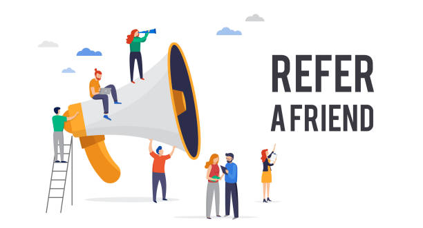 Refer a friend illustration. Big megaphone with a team work. Concept media for landing page, template, user interface UI, website Refer a friend illustration. Big megaphone with a team work. Concept media for landing page, template, user interface, website giant fictional character illustrations stock illustrations